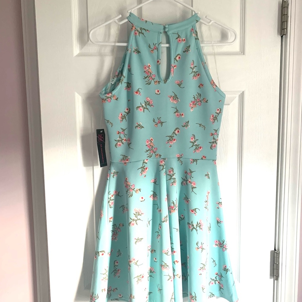 High neck stretchy teal floral dress - Picture 2 of 2